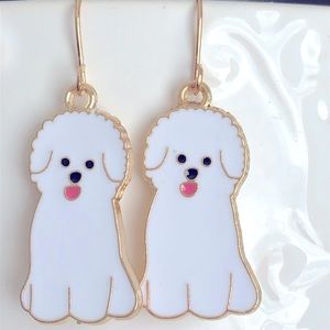 New Fluffy Puppy Dog Dangling Enamel Handmade Earrings White Poodle Terrier Gift